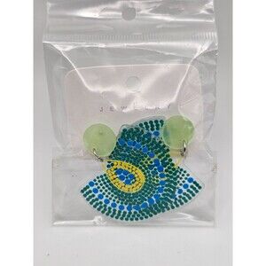 Green Acrylic Fan Dangle Earrings Geometric Statement Stud Boho Retro Style